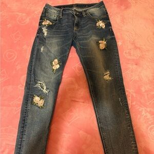 Miss Me Blue Skinny Jeans with Pink Rose Embroidery